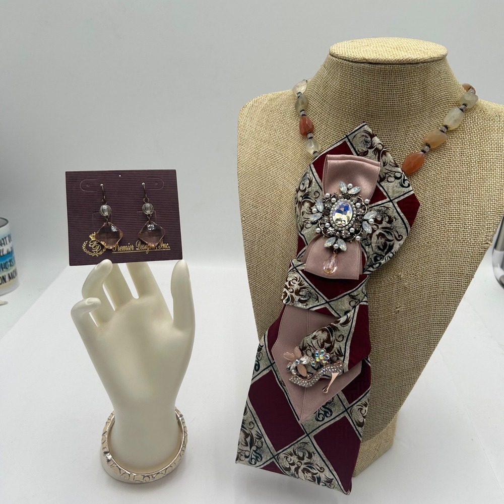 Premier Designs Jewelry Set Handcrafted Necktie Necklace Brooch Earrings Bangle - Picture 11 of 11